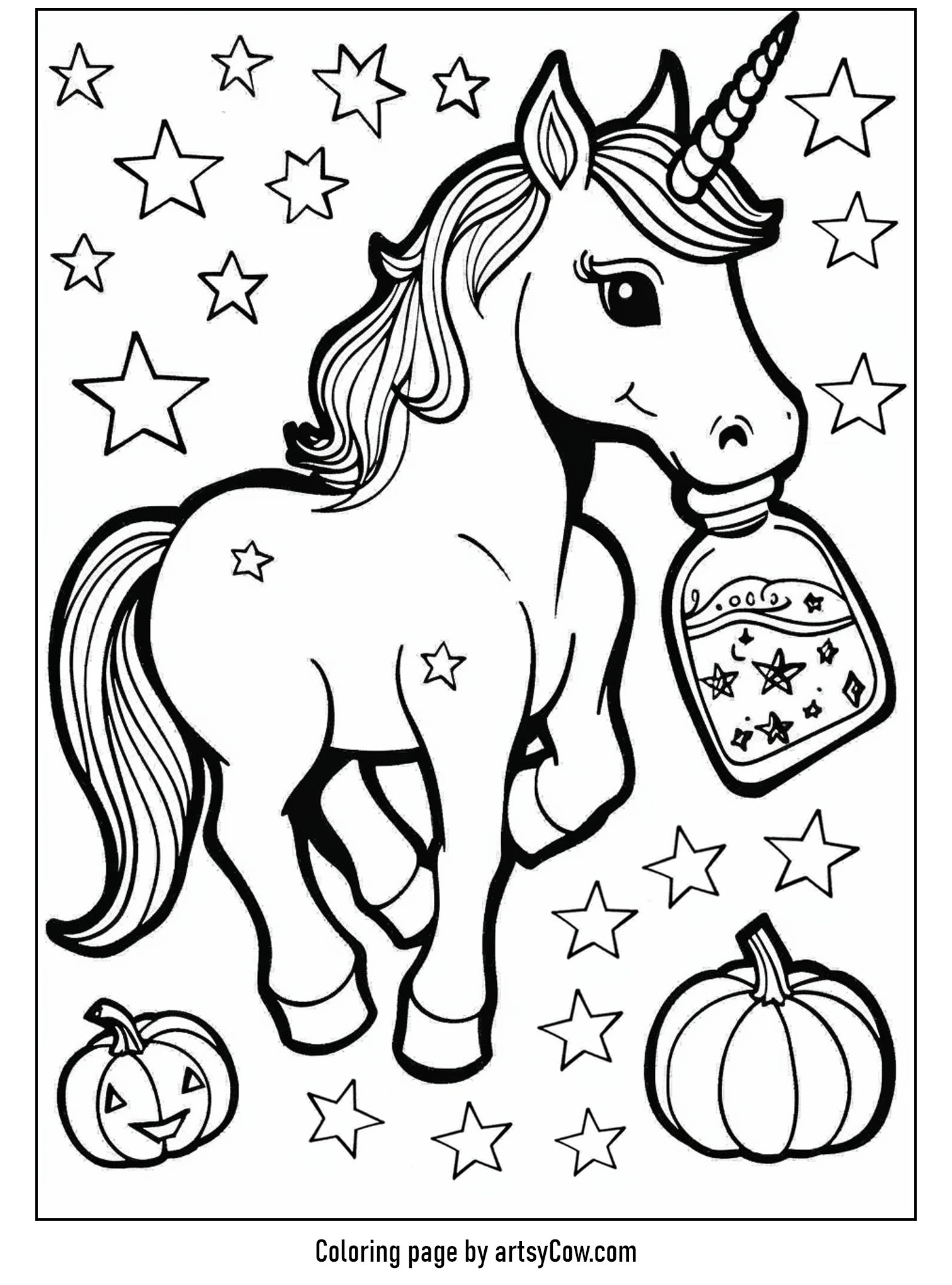 halloween coloring pages with unicorn featuring a unicorn holding a mystical potion bottle surrounded by stars and pumpkins